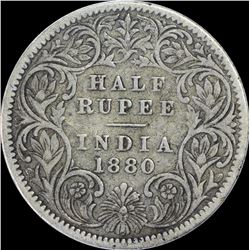 Silver Half Rupee Coin of Victoria Empress of 1880.