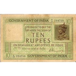 1925 British India Ten Rupees Note of King George V Signed by H Denning.