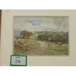 Framed watercolour of horses in rural scene,…