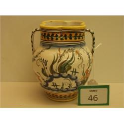 Late 19c faience two handled vase, 8" high, p…