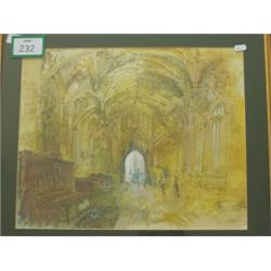 Framed watercolour of an interior of cathedra…