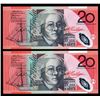 Image 2 : Australia, Twenty Dollars, 1998, MacFarlane/Evans, (R418bL), DA98 810987-88 Last Prefix