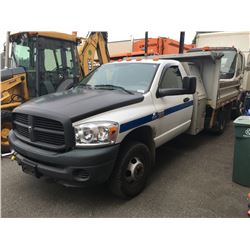 2008 DODGE RAM 3500 2 DOOR DUMP TRUCK, WHITE, VIN 3 3D6WG46A08G193913