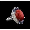 Image 1 : 14KT White Gold 12.90 ctw Coral, Sapphire and Diamond Ring