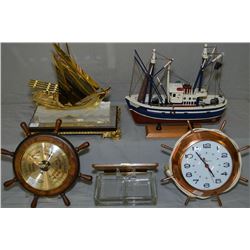 Selection of Nautical collectibles including ship's wheel clock and barometer, glass desk box and a 