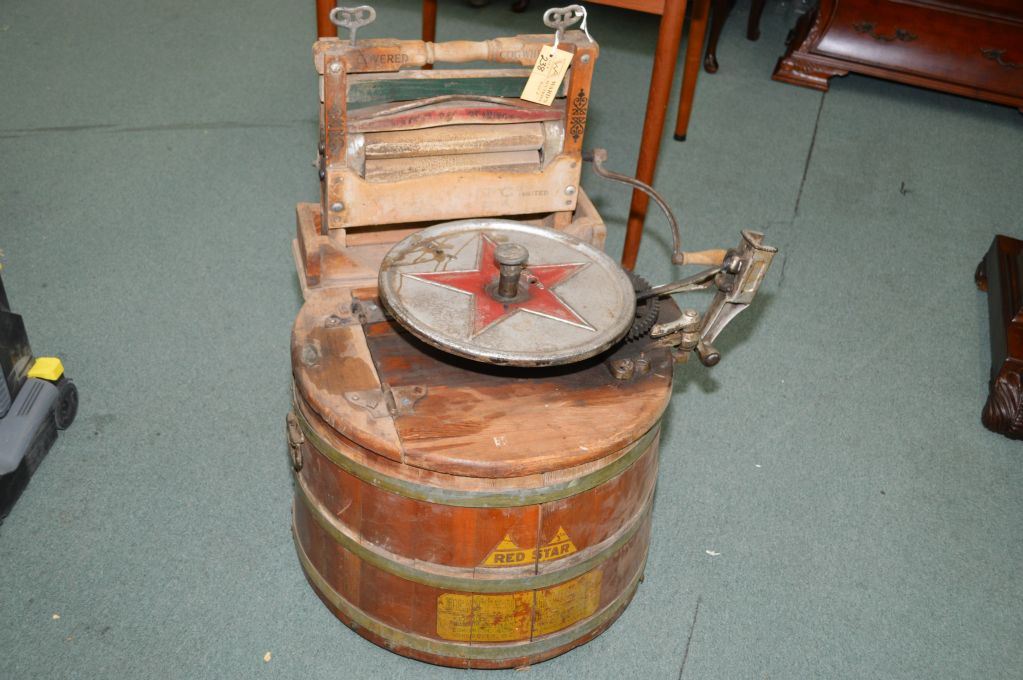 Antique hand crank "Red Star" washing machine with attached wringer