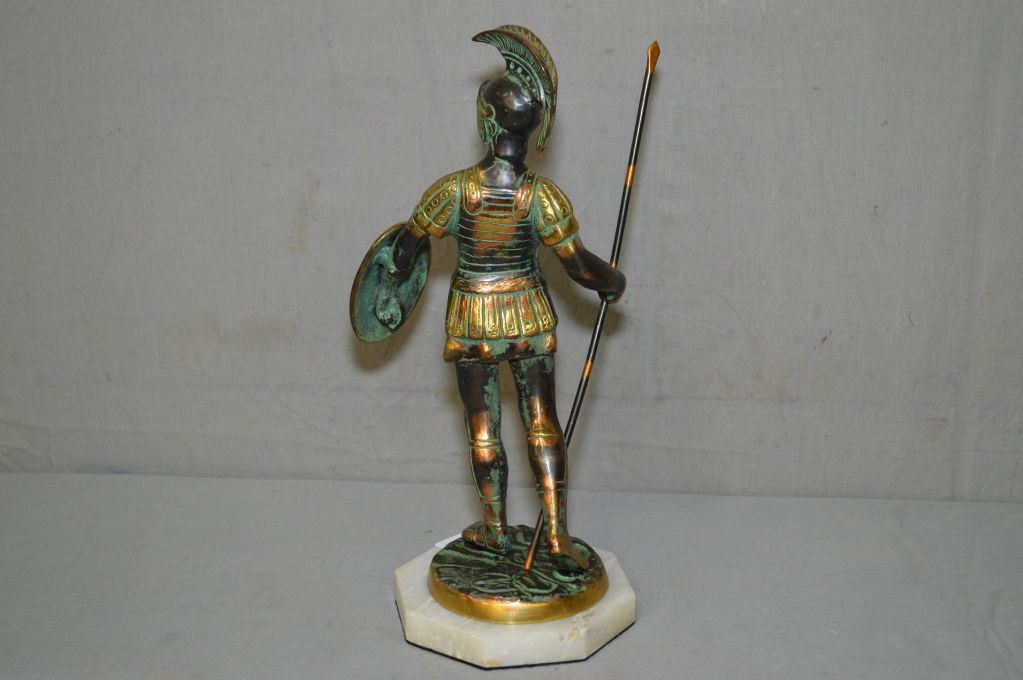Solid brass over bronze Centurion figure on marble base 13 1/2" in height
