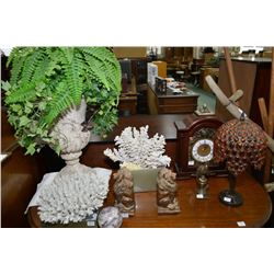 Selection of decor items including Bulova chiming mantle clock with Westminster and Ava Maria chimes