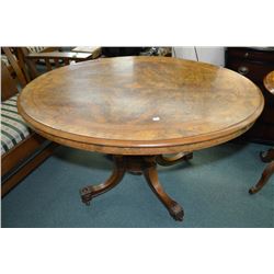 Antique Victorian burn walnut tilt top loo table with inlaid banding on top surface and pedestal wit