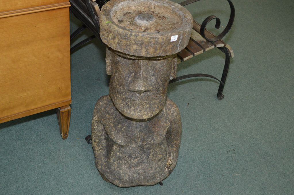 Quality Easter Island Moai motif bird bath 26" in height
