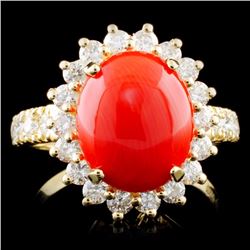 14K Gold 2.50ct Coral & 1.20ctw Diamond Ring