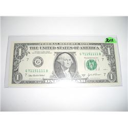 2003 SERIES A EXTREMELY RARE *HIGH GRADE-SAME 6 DIGITS* $1.00 SERIAL # G71151111B. DOLLAR CAME OUT O