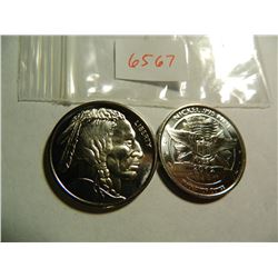 (2) Two 1/2 Ounce .995 Fine Nickel Bullion Rounds, Indian Head, Both One Money