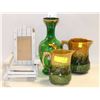 Image 1 : LOT OF 2 CERAMIC PITCHERS,GREEN GOLD TRIM BUTTERFLY VASE & LAWN CHAIR FRAME