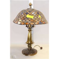 BRASS LAMP WITH STAINED GLASS SHADE