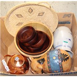 BOX WITH WOODEN BOWLS COPPER TEAPOT, CAT,WOVEN CENTERPIECE ETC