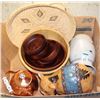 Image 1 : BOX WITH WOODEN BOWLS COPPER TEAPOT, CAT,WOVEN CENTERPIECE ETC