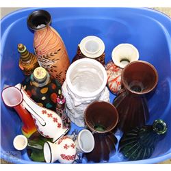 BLUE TOTE FULL OF VASES