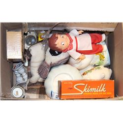 BOX WITH BLANKET, CANDLE STICKS, BIRDS , ETC