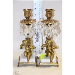 PAIR OF BRASS AND MARBLE CANDLE STICKS