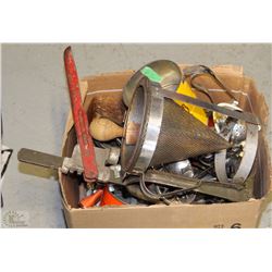 BOX WITH VINTAGE KITCHEN UTENSILS, SIFTERS, ETC