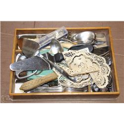 WOODEN BOX FILLED WITH UTENSILS COLLECTOR SPOONS