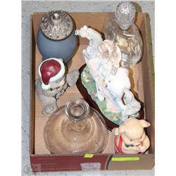 BOX WITH DECANTERS, HORSE FIGURINE, ETC
