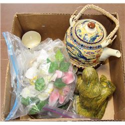 BOX WITH CHINESE TEA POT SET, 2 BRASS CANDLE SNUFFERS,PROPELLER & ANCHOR