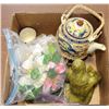 Image 1 : BOX WITH CHINESE TEA POT SET, 2 BRASS CANDLE SNUFFERS,PROPELLER & ANCHOR