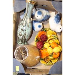 BOX WITH BIRDS, LAMP SHADES, VASE, ETC