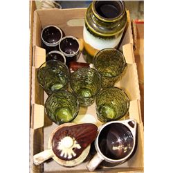 BOX WITH JUGS, GREEN GLASSES, ETC