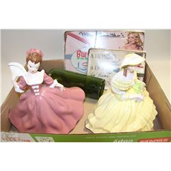 BOX WITH CERAMIC LADIES, TIN SIGNS, ETC