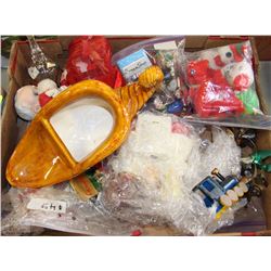 BOX WITH XMAS ORNAMENTS, HORN PLENTY, ETC