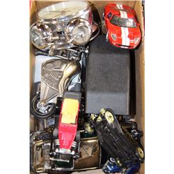 BOX WITH COLLECTOR CARS, MOTORCYCLE PIGGY BANK,