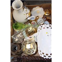 BOX WITH ANNIVERSARY CLOCK, VASES, TEA SET, ETC