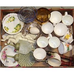 FLAT OF TEA CUPS, SAUCERS, DECORATIVE EGG, WALL