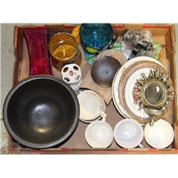 FLAT OF TEA CUPS, SAUCERS, PLATES, CANDLE HOLDERS,