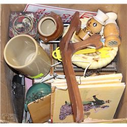 BOX OF OLD BOOKS, S+P SHAKERS, POTTERY, MORE