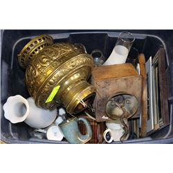 BLUE TOTE OF LANTERNS, TEA CUPS, OIL LANTERN, ETC