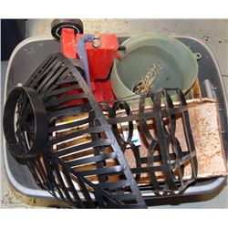 GREY TOTE WITH TONKA TRUCK, WOODEN TRACTOR, WIRE