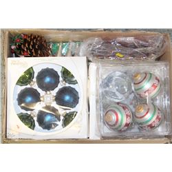 BOX OF XMAS GLASS ORNAMENTS, DECORATIONS