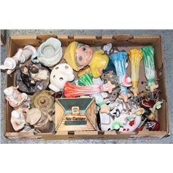 FLAT OF NECKLACE HOLDERS, PORCELAIN FIGURINES,ETC