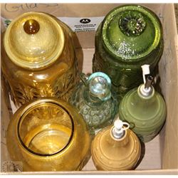 BOX OF DECANTERS, VASES