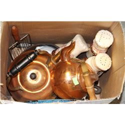 BOX WITH CHEF SEASONING SHAKERS, COPPER TEA POT,