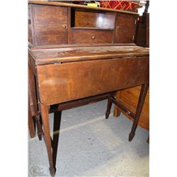 WOOD DESK WITH ATTACHED HUTCH & FOLD DOWN LEAF