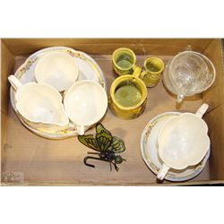 FLAT WITH PAREEK SAUCERS, TEA CUPS, CREAM+SUGAR