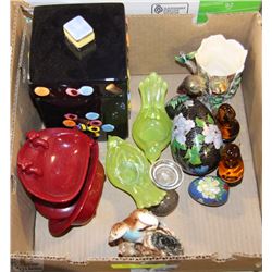 BOX WITH BIRD CANDLE HOLDERS, DECORATIVE EGGS, ETC