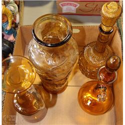FLAT WITH AMBER DECANTER, JUG, VASE,