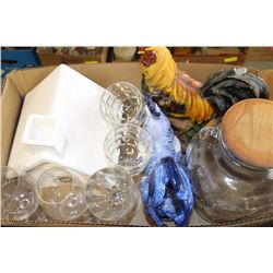 BOX WITH WINE GOBLETS, HOUSE COOKIE JAR, ROOSTER