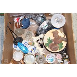 BOX OF ASSORTED TRINKETS, MUGS, ETC